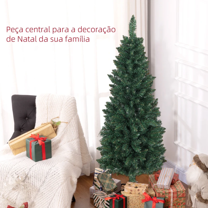 HOMCOM Árvore de Natal Estreita Árvore de Natal Tipo Lápis de 150 cm com Base Dobrável e 317 Ramos para Escritório Verde