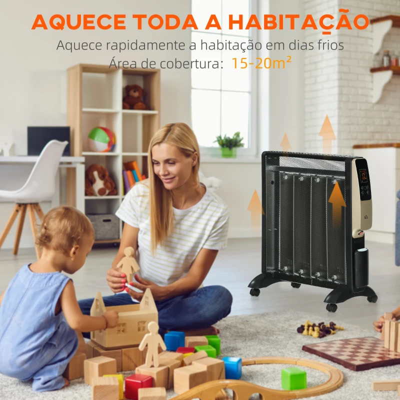 HOMCOM Aquecedor Elétrico 1000/2000W com Painel de Mica Controlo Remoto Termostato Temporizador e 4 Rodas 56x26,5x61,5cm Preto