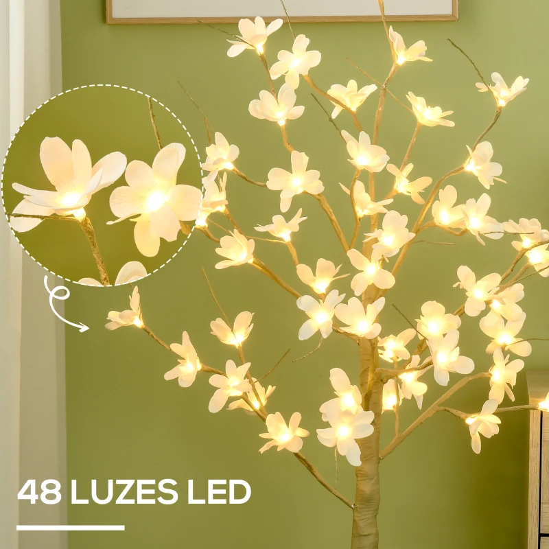 HOMCOM Árvore Cerejeira com 48 Luzes LED IP44 em Branco Quente Ramos Flexíveis Árvore de Decoração 18x18x120cm Cáqui
