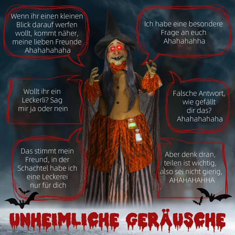 HOMCOM Wiedźma z Miksturą, Dekoracja Halloween, Straszne Dźwięki, Czerwone Oczy, Ruchoma, 183 cm