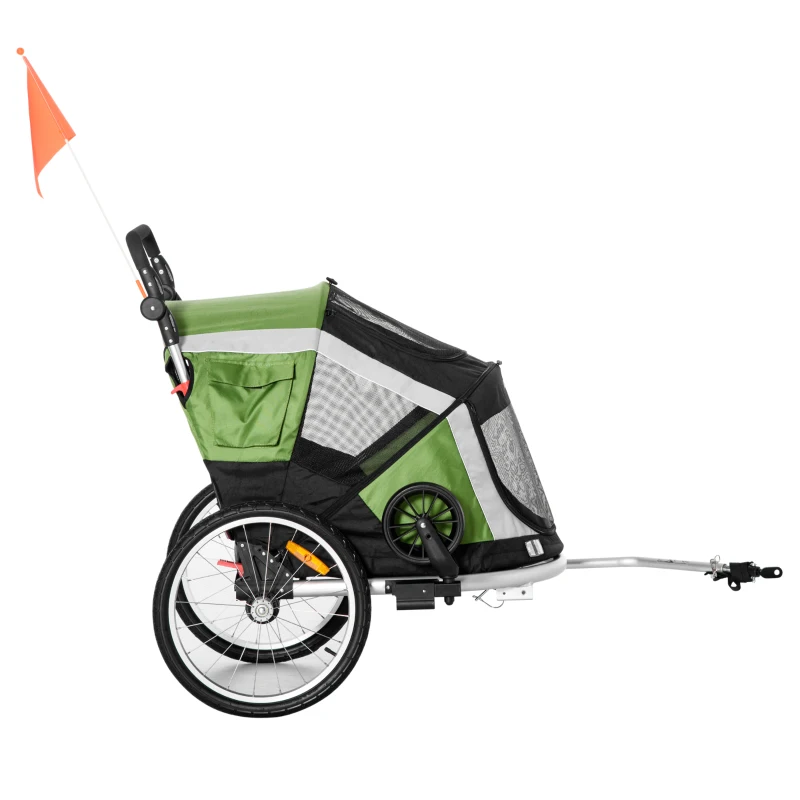 PawHut 2-in-1 Hundeanhänger Fahrradanhänger bis 30kg klappbar Aufbewahrungstaschen Sicherheitsleine Seischnalle Reflektoren Oxford-Gewebe Grün+Silber 150 x 82 x 108 cm
