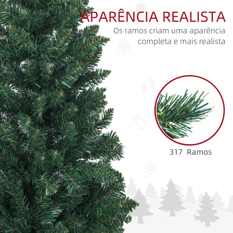 HOMCOM Árvore de Natal Estreita Árvore de Natal Tipo Lápis de 150 cm com Base Dobrável e 317 Ramos para Escritório Verde