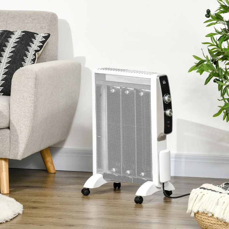 HOMCOM Aquecedor Elétrico 750W/1500W Aquecedor de Mica com Ecrã LED Controlo Remoto Termostato Temporizador 47x26,5x61,5cm Branco