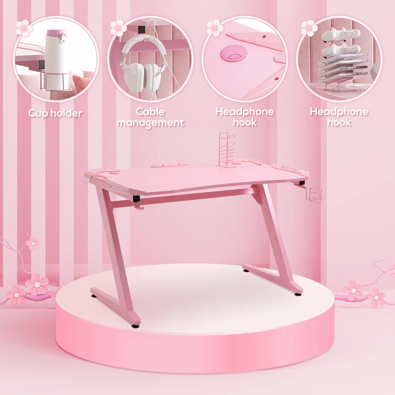 HOMCOM 122 x 66 cm Gaming Desk, Carbon Fibre Covered Computer Desk, Gamer Workstation with Headphone Hook, Cup Holder and Gamepad Storage Rack, Pink