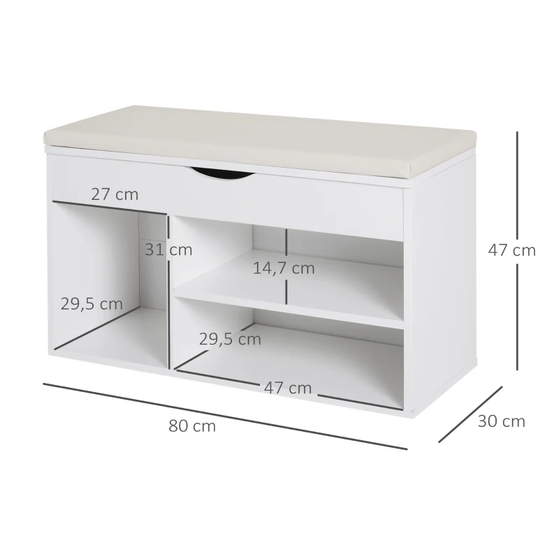 HOMCOM Banco Sapateira com Armazenamento Gaveta Prateleira e Assento Acolchoado para Entrada Estilo Moderno 80x30x47cm Branco