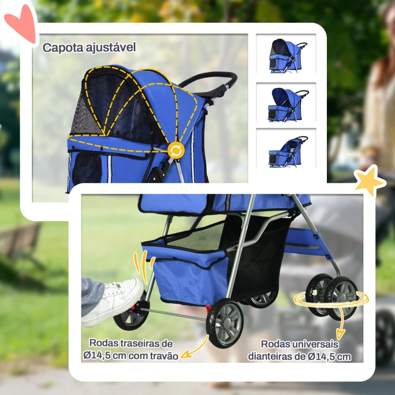 PawHut Carrinho de Passeio para Animais de Estimação Dobrável com Cesta de Armazenamento e Travão 75x45x97cm Azul