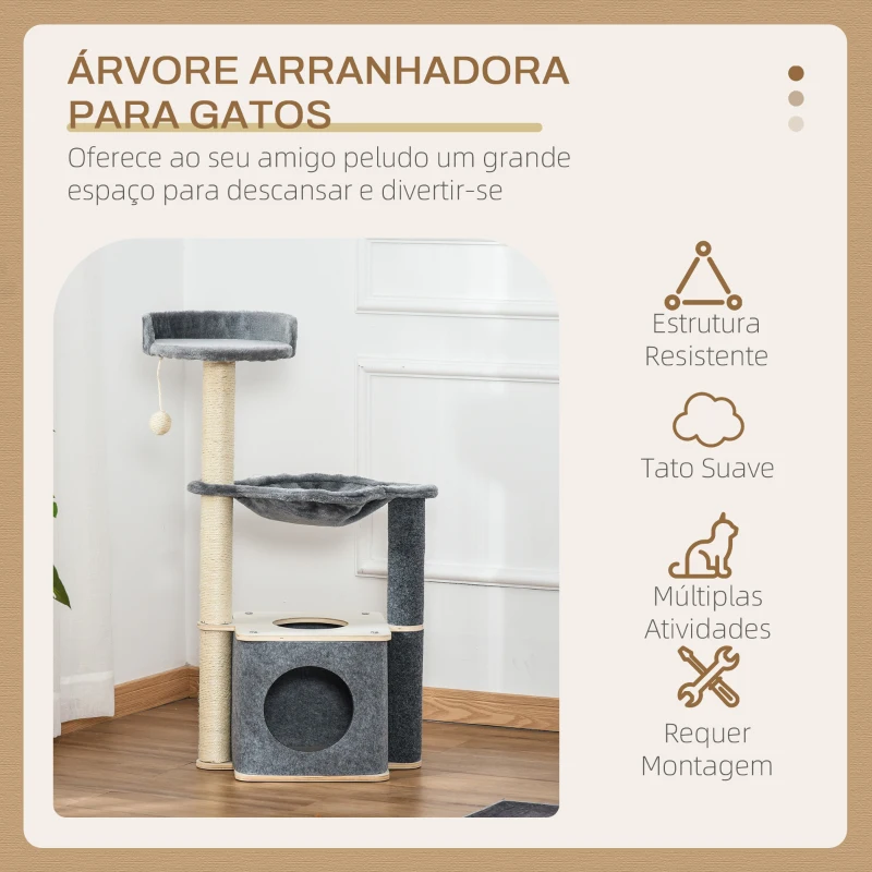 PawHut Árvore Arranhador para Gatos Árvore para Escalar Brincar e Descansar com Rede Plataformas Caverna Bola Suspensa e Poste de Sisal para Aranhar 48x34x95cm Cinza