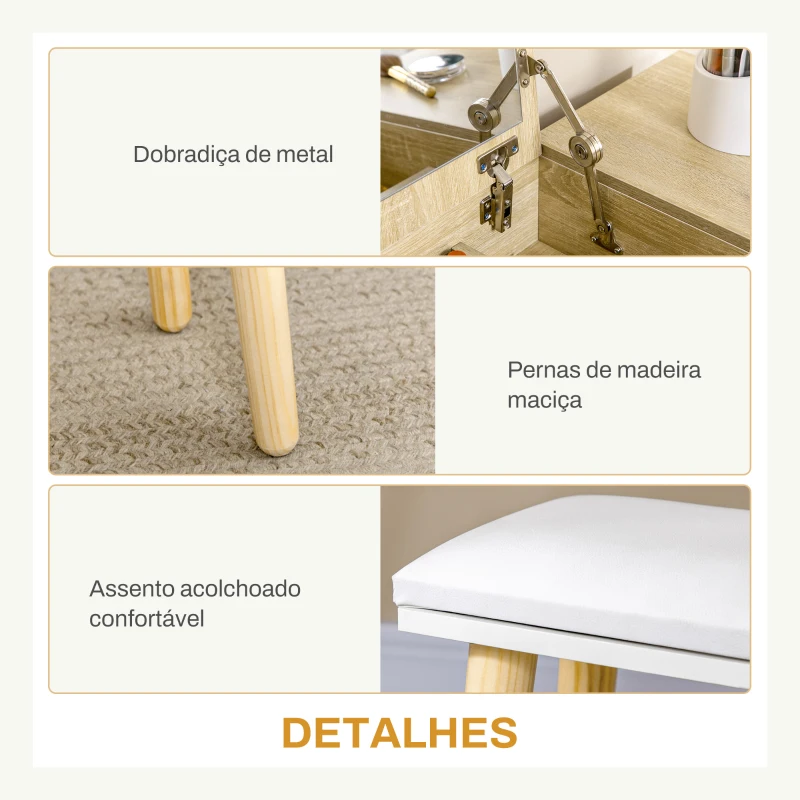 HOMCOM Toucador com Espelho Dobrável Mesa de Maquilhagem com Banco Compartimentos e Gavetas 100x45x118cm Madeira e Branco