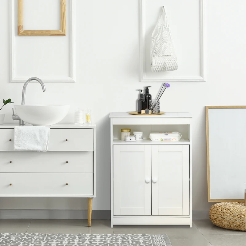 HOMCOM Armário para Casa de Banho com 2 Portas Prateleira Interior Ajustável e Compartimento Aberto Móvel Auxiliar de Armazenamento para Sala de Estar Cozinha 60x30x80cm Branco