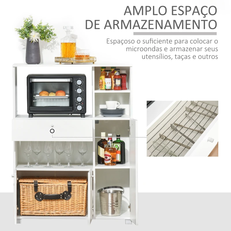 HOMCOM Aparador Auxiliar para Microondas Buffet de Cozinha com 2 Armários com Portas 1 Gaveta e Prateleiras de Armazenamento 90x40x120cm Branco