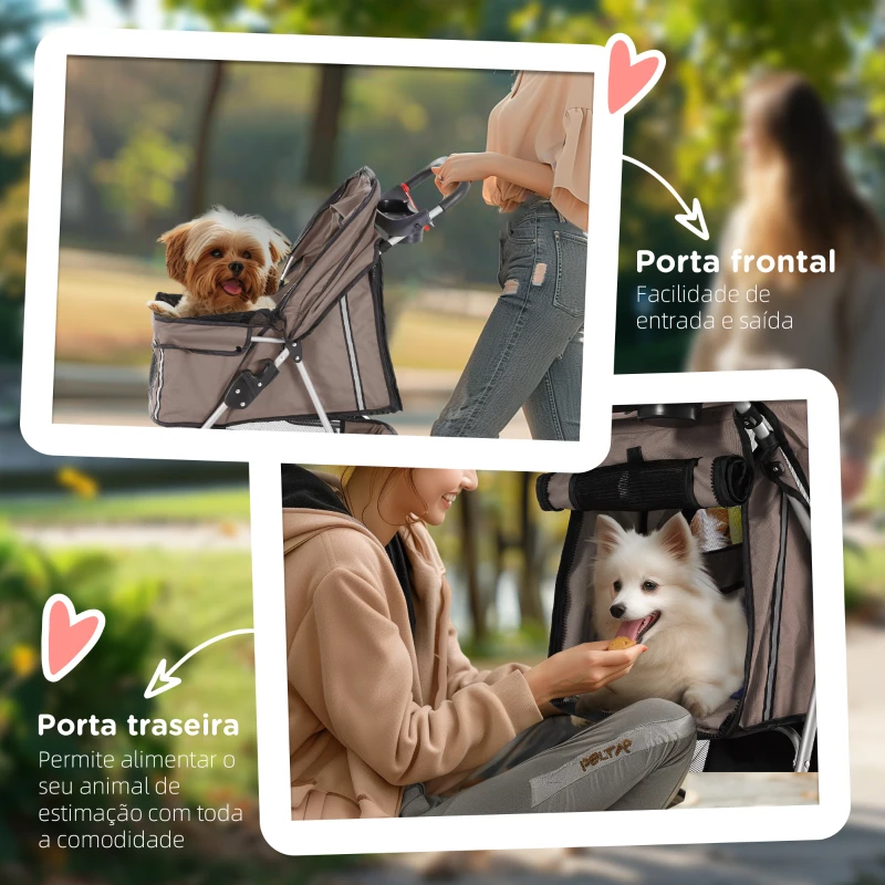 PawHut Carrinho para Animais de Estimação Dobrável Carrinho para Cães e Gatos com Rodas Giratórias Cesto e Suporte para Copos 75x45x97cm Marrom