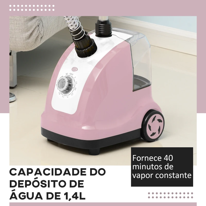 HOMCOM Ferro de Engomar a Vapor com Depósito de 1,4L e Temperatura Ajustável em 11 Níveis 26x21,5x146 cm Rosa