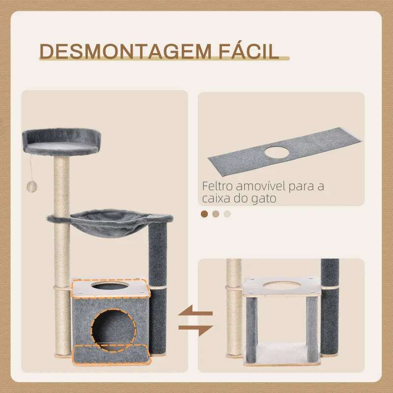 PawHut Árvore Arranhador para Gatos Árvore para Escalar Brincar e Descansar com Rede Plataformas Caverna Bola Suspensa e Poste de Sisal para Aranhar 48x34x95cm Cinza