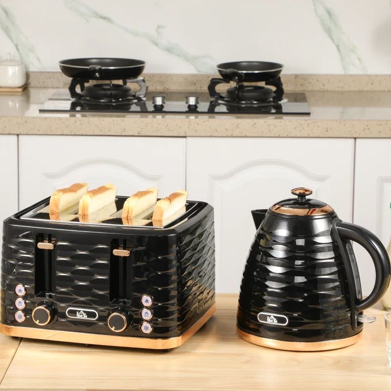 HOMCOM Kettle and Toaster Sets, 3000W 1.7L Rapid Boil Kettle & 4 Slice Toaster with 7 Browning Controls, Defrost, Reheat and Crumb Tray, Otter thermostat, Black(m-2)