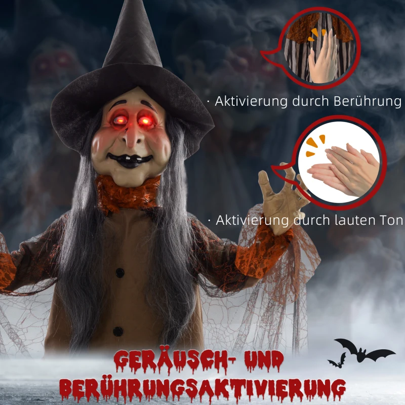 HOMCOM Heks met Toverdrank, Halloween Decor, Griezelige Geluiden, Rode Ogen, Beweegbaar, 183 cm(m-6)