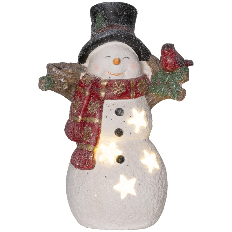 HOMCOM Kerstdecoratie, Sneeuwman met Vogel, 4 warmwitte LEDs, op batterijen, 25 x 15,5 x 38 cm