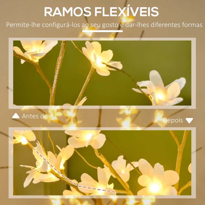 HOMCOM Árvore Cerejeira com 48 Luzes LED IP44 em Branco Quente Ramos Flexíveis Árvore de Decoração 18x18x120cm Cáqui