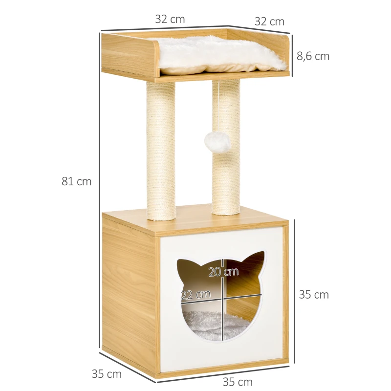 PawHut Árvore para Gatos de 2 Níveis com Caverna Superior Postes Arranhadores de Sisal Natural Almofadas Laváveis e Bola de Brinquedo 35x35x81cm Carvalho