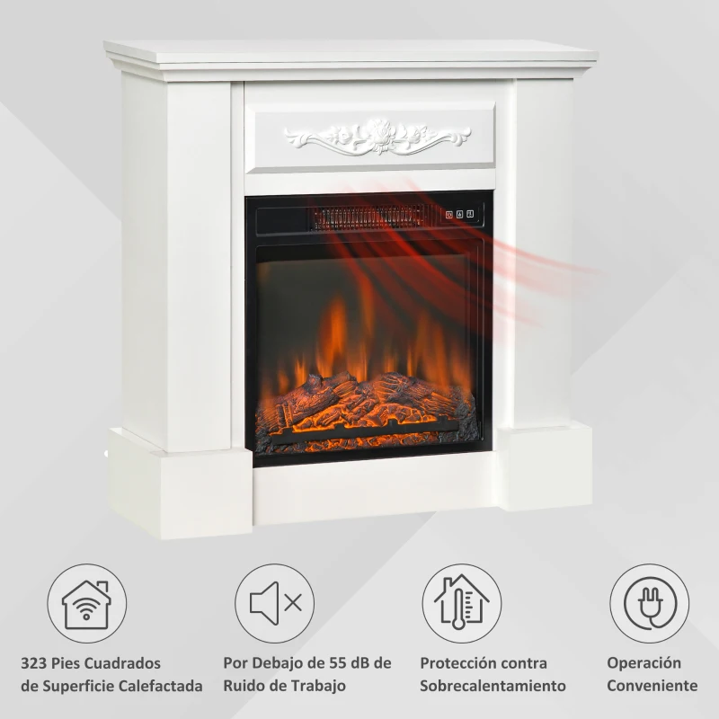 HOMCOM Chimenea Eléctrica 1800W con Efecto de Llama Mando a Distancia Temporizador Protección Contra Sobrecalentamiento Blanco