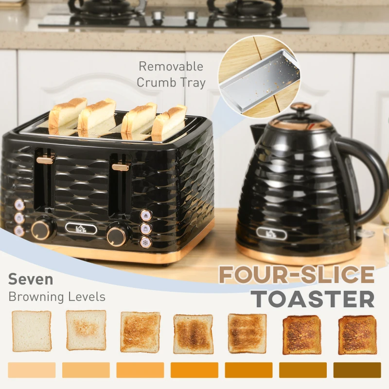 HOMCOM Kettle and Toaster Sets, 3000W 1.7L Rapid Boil Kettle & 4 Slice Toaster with 7 Browning Controls, Defrost, Reheat and Crumb Tray, Otter thermostat, Black(m-5)