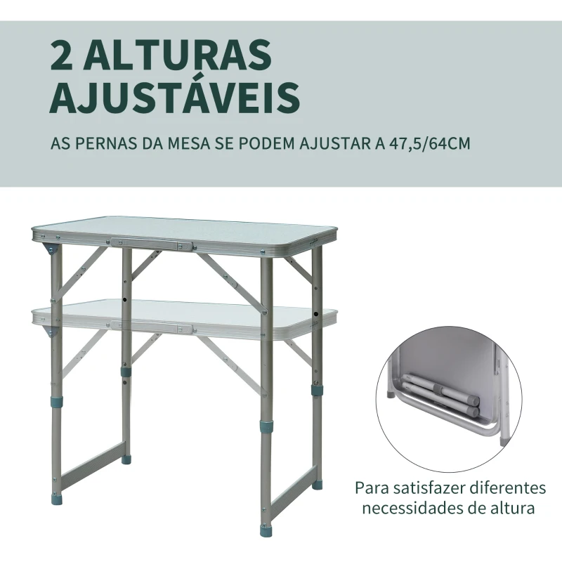 Outsunny Mesa Dobrável de Campismo Tipo Mala Mesa Portátil  para Praia Piquenique com Altura Ajustável 60x45x64 cm Prata