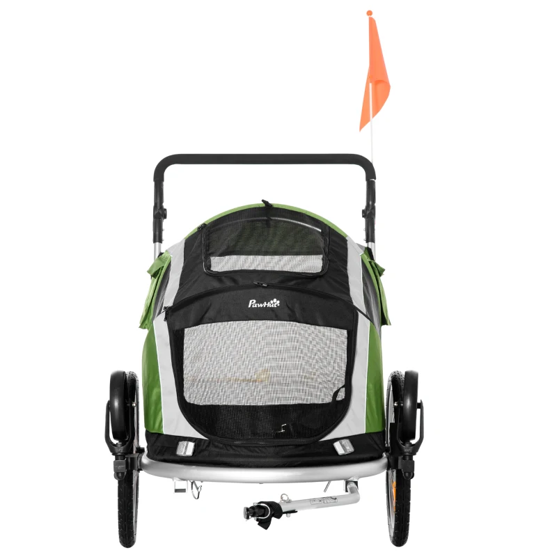 PawHut 2-in-1 Hundeanhänger Fahrradanhänger bis 30kg klappbar Aufbewahrungstaschen Sicherheitsleine Seischnalle Reflektoren Oxford-Gewebe Grün+Silber 150 x 82 x 108 cm
