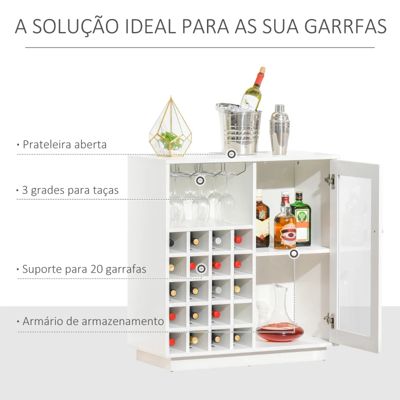 HOMCOM Aparador de Cozinha com Suporte para 20 Garrafas Armário Auxiliar com 1 Porta de Cristal Prateleiras e Suporte para Taças de Vinho para Sala de Estar Bar 80x36x85cm Branco