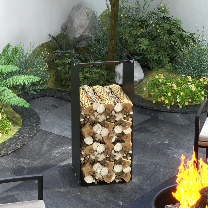 Outsunny Brandhoutrek met 2 Draaggrepen, Stalen Frame, tot 30kg, 36x30x90cm, Zwart