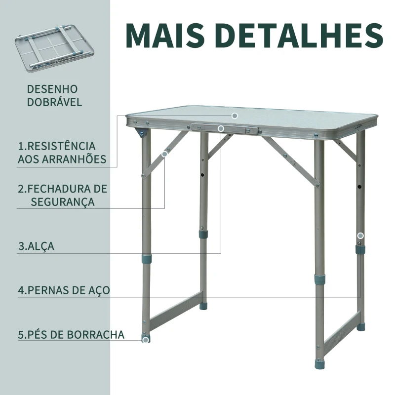 Outsunny Mesa Dobrável de Campismo Tipo Mala Mesa Portátil  para Praia Piquenique com Altura Ajustável 60x45x64 cm Prata
