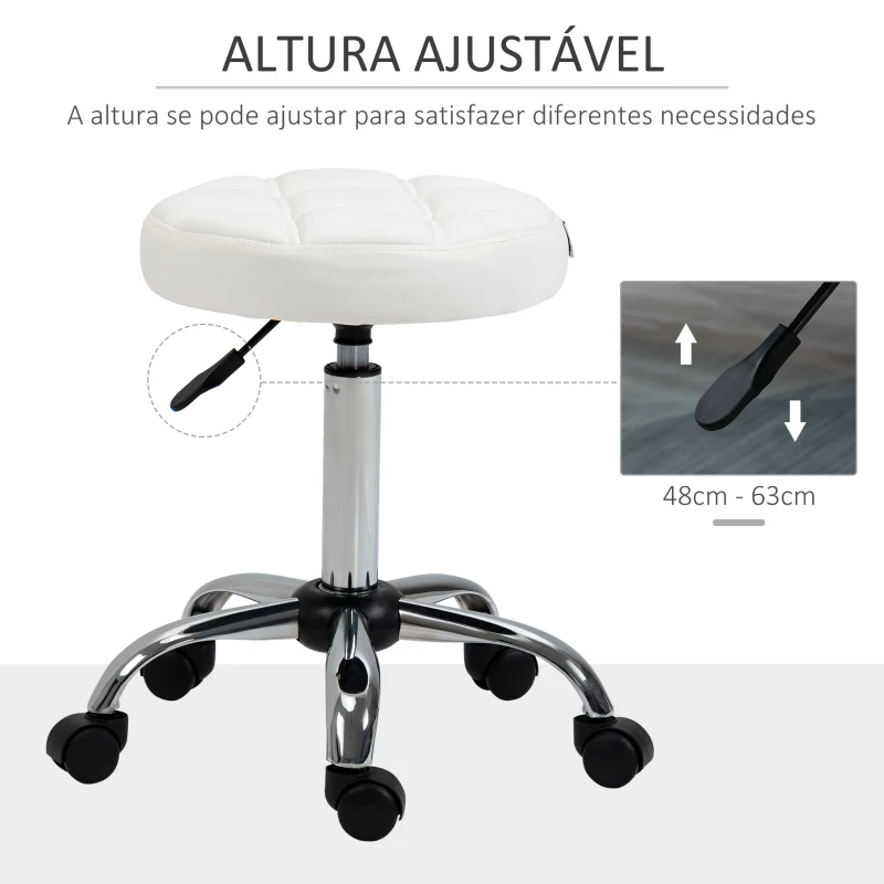 HOMCOM Banco Giratório com Rodas Altura Ajustável entre 48-63cm Banco de Trabalho Estofado em Couro PU para Salão Dentista Diâmetro Ø35,5cm Branco