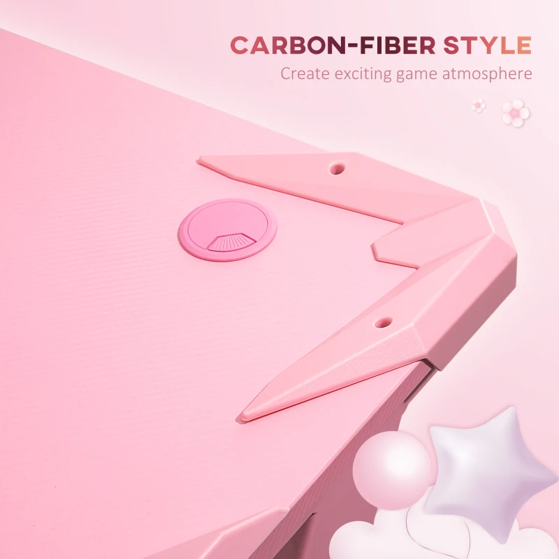 HOMCOM 122 x 66 cm Gaming Desk, Carbon Fibre Covered Computer Desk, Gamer Workstation with Headphone Hook, Cup Holder and Gamepad Storage Rack, Pink