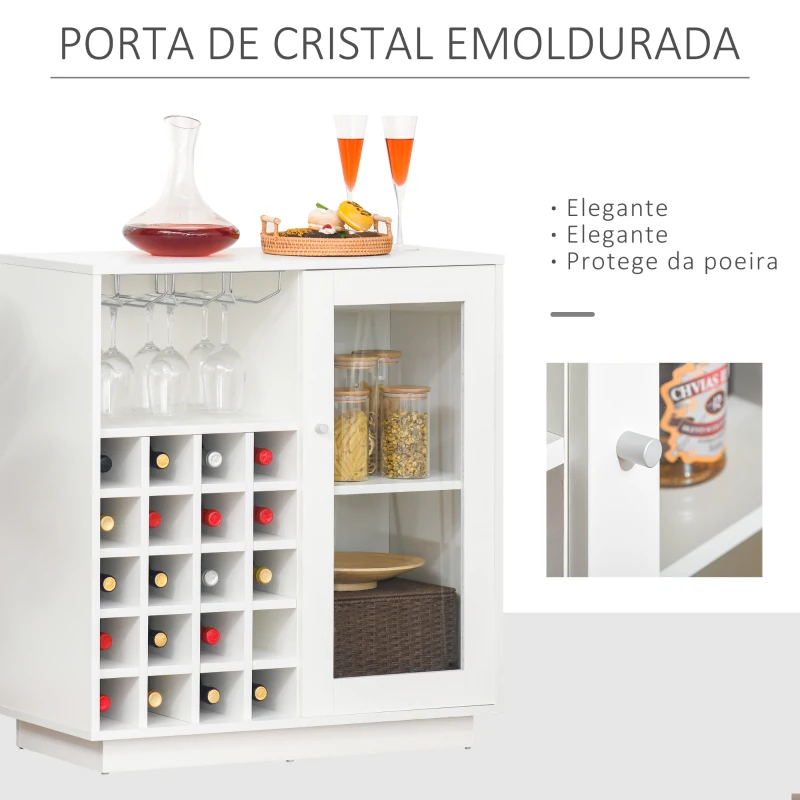 HOMCOM Aparador de Cozinha com Suporte para 20 Garrafas Armário Auxiliar com 1 Porta de Cristal Prateleiras e Suporte para Taças de Vinho para Sala de Estar Bar 80x36x85cm Branco