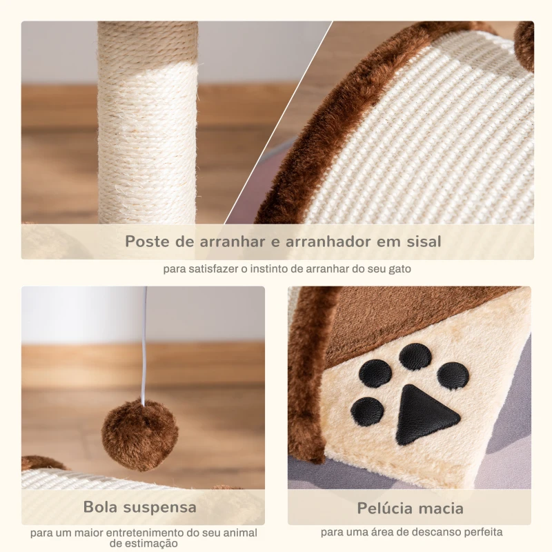 PawHut Árvore Arranhador para Gatos de 2 Níveis com Poste e Tapete de Arranhar Cama e Bola Suspensa 35,5x37x46 cm Marrom
