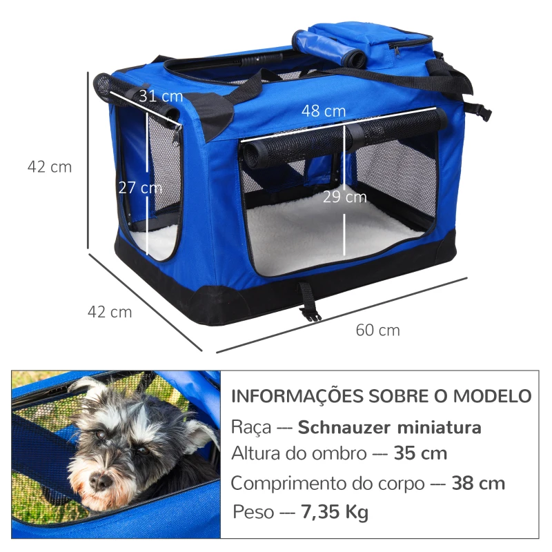 PawHut Transportadora para Cães e Gatos Respirável Dobrável com Almofada Janela de Malha e 2 Bolsos 60x42x42 cm Azul