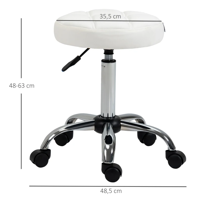 HOMCOM Banco Giratório com Rodas Altura Ajustável entre 48-63cm Banco de Trabalho Estofado em Couro PU para Salão Dentista Diâmetro Ø35,5cm Branco