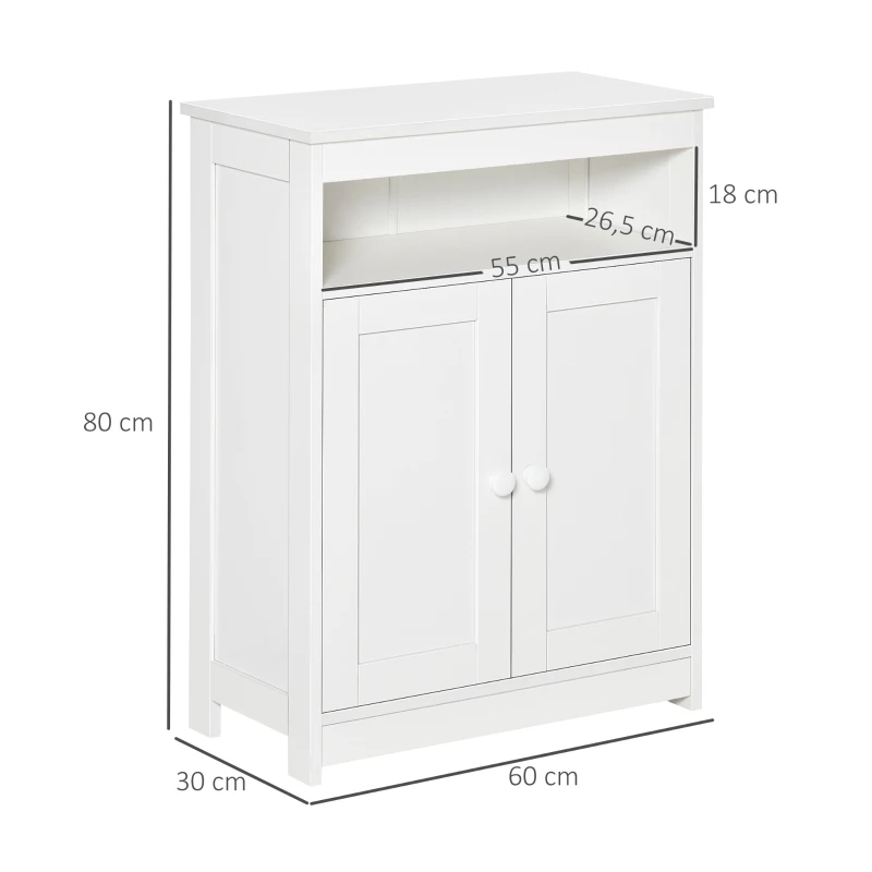 HOMCOM Armário para Casa de Banho com 2 Portas Prateleira Interior Ajustável e Compartimento Aberto Móvel Auxiliar de Armazenamento para Sala de Estar Cozinha 60x30x80cm Branco