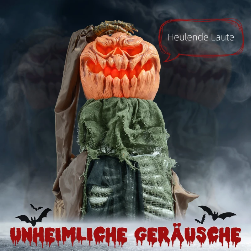 HOMCOM Duch Dyniowej Czaszki, Dekoracja Halloween, Przerażające Dźwięki, Czerwone Oczy, Giętkie Ramię, 183 cm