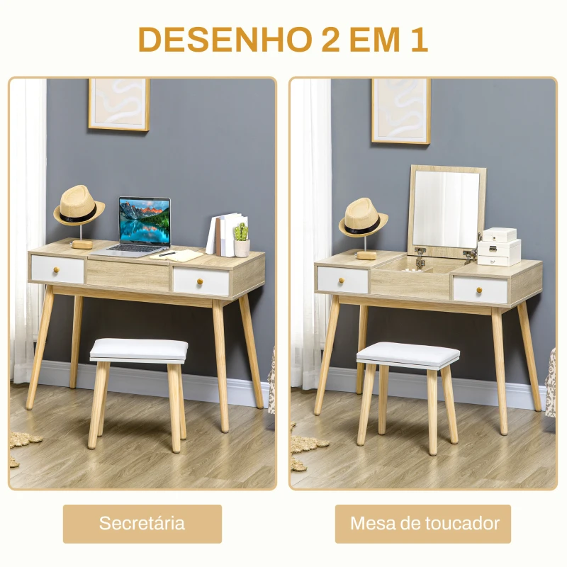 HOMCOM Toucador com Espelho Dobrável Mesa de Maquilhagem com Banco Compartimentos e Gavetas 100x45x118cm Madeira e Branco