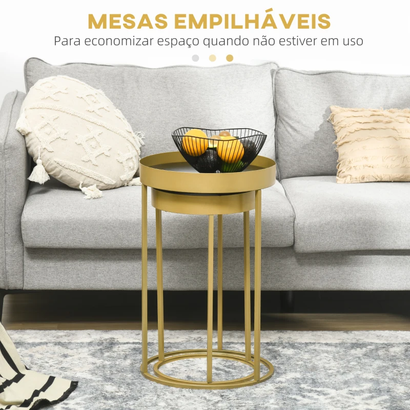 HOMCOM Conjunto de 2 mesas de centro modernas empilháveis Estrutura metálica dourada Ø39x63 cm e Ø30,8x56 cm Parte superior preta e branca