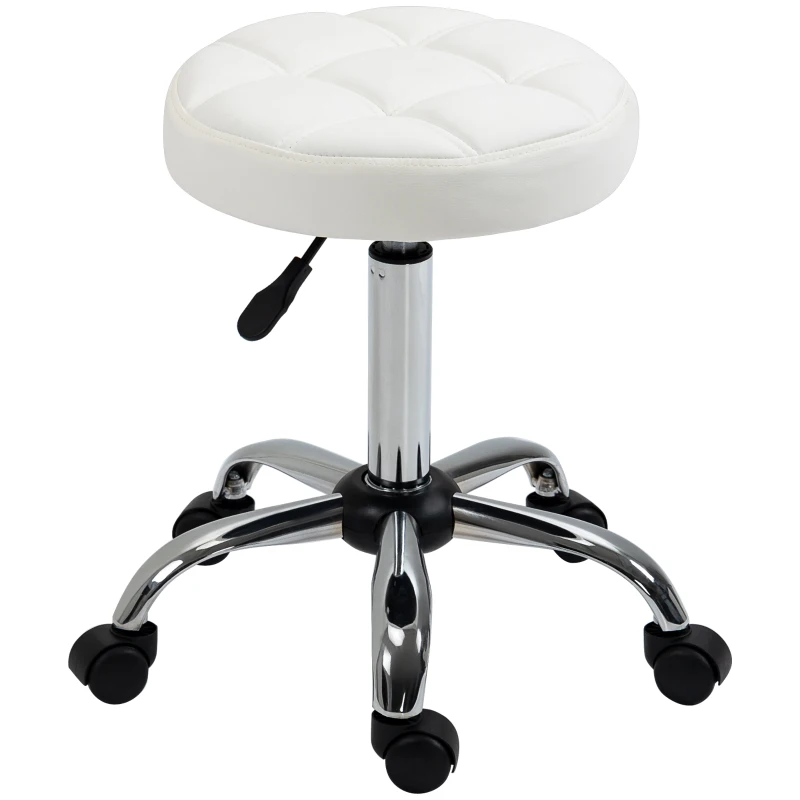 HOMCOM Banco Giratório com Rodas Altura Ajustável entre 48-63cm Banco de Trabalho Estofado em Couro PU para Salão Dentista Diâmetro Ø35,5cm Branco