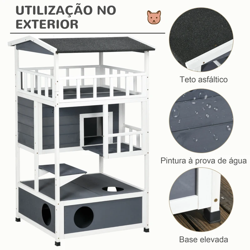 PawHut Casa para Gatos Caseta de madeira em abeto com espaço amplo com 4 pisos e espaço destacável para areia 75,5x75x137 cm