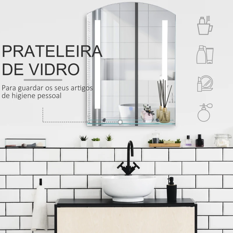 Kleankin Espelho para banheiro com luz LED 16W Interruptor de toque e prateleira inferior Cabo de 1m Estrutura de alumínio 70x50x2,7 cm prata