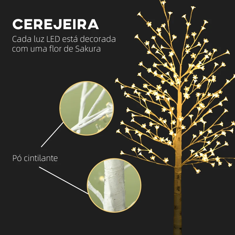 HOMCOM Árvore Cerejeira com 180 Luzes LED IP4 Banco Quente com Luz Ajustável em 3 Modos 21,5x21,5x180cm Branco
