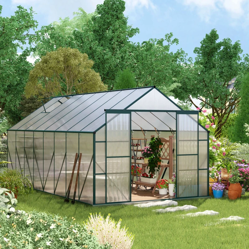 Outsunny Sera din aluminiu kit sera de gradina walk-in din policarbonat cu ventilatie 244 x 500 x 216cm, Transparenta