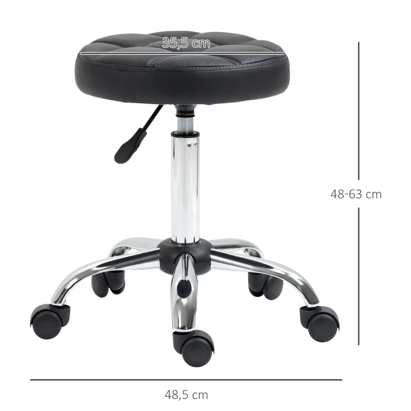 HOMCOM Banco Giratório com Rodas Altura Ajustável entre 48-63cm Banco de Trabalho Estofado em Couro PU para Salão Dentista Diâmetro Ø35,5cm Preto