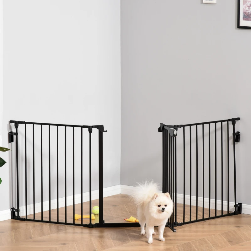 PawHut Barreira de Segurança para Animais de Estimação Barreira Dobrável de 3 Painéis com Fechadura Inteligente para Corredor Escada 180x74,5cm Preto