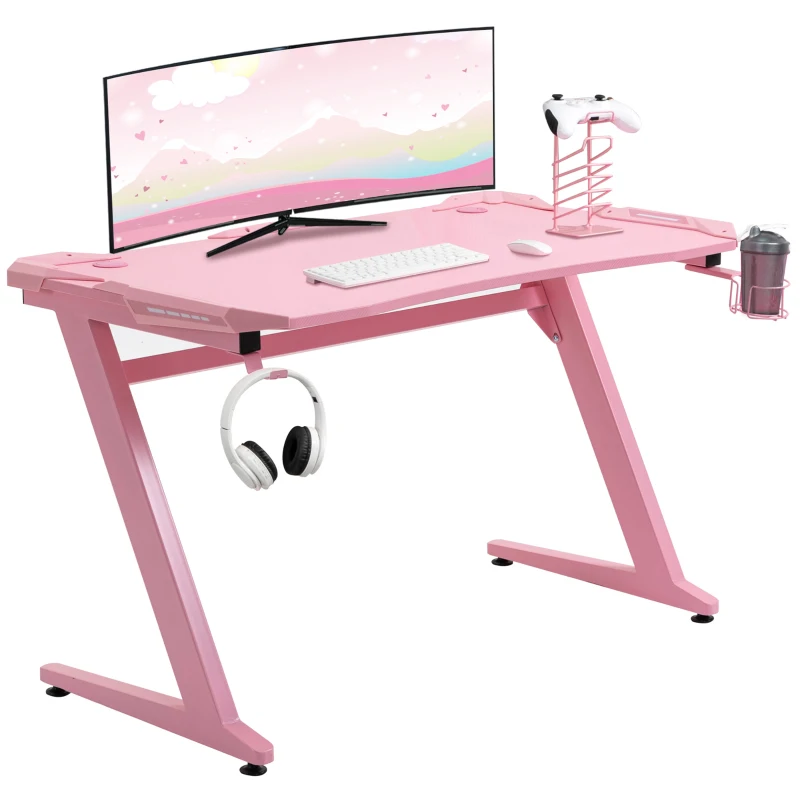 HOMCOM 122 x 66 cm Gaming Desk, Carbon Fibre Covered Computer Desk, Gamer Workstation with Headphone Hook, Cup Holder and Gamepad Storage Rack, Pink