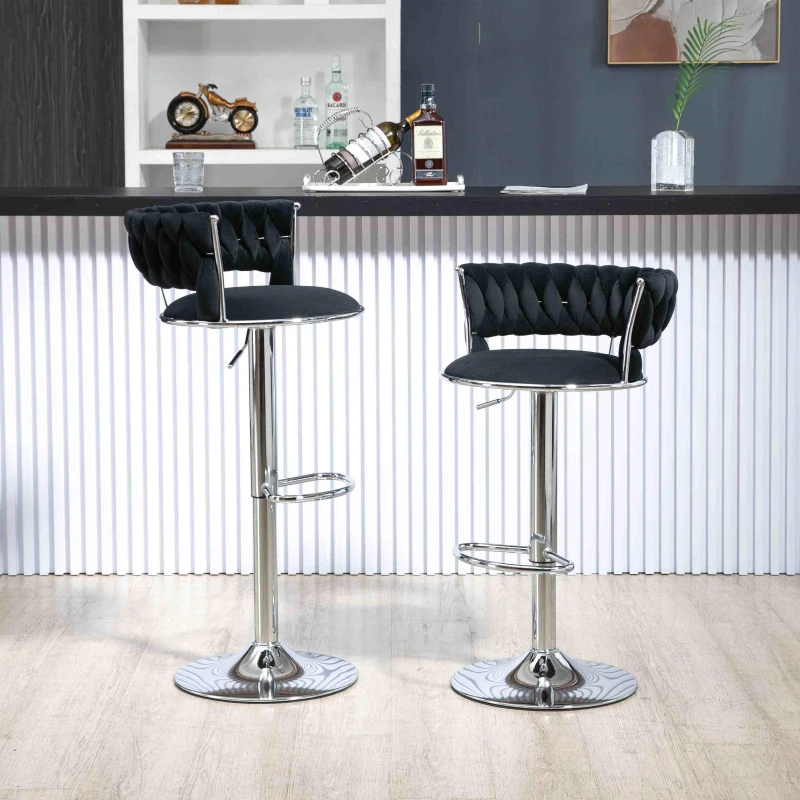 Set of 2 Adjustable Bar Stools with Back and Footrest, 360° Swivel Velvet Barstools with Silver Legs, 54x46x97 cm, Black