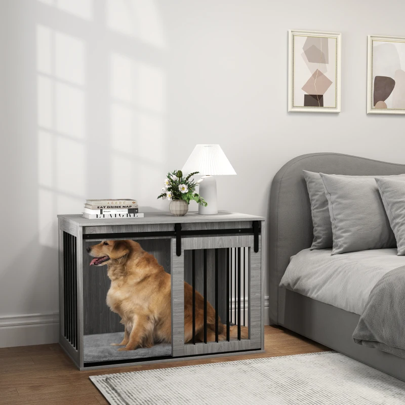 PawHut 98cm Dog Crate Furniture with Removable Cushion for Large Dogs - Grey