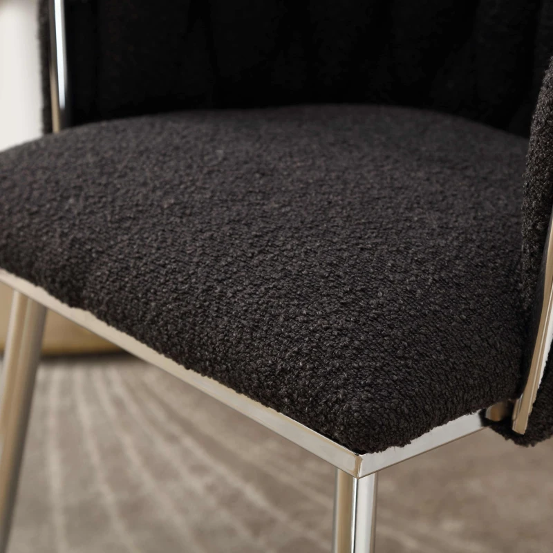 Set of 2 Modern Hand Weaving Dining Chairs with Silver Legs and Armrests, Boucle Upholstered Dining Chairs, Set of 2 Dining Chair for Living Room, 54x52x73 cm, Black